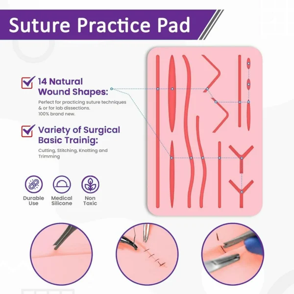 MJW Surgical Training Silver Suture Practice Kit with 14 Wound Silicone Suture Pad