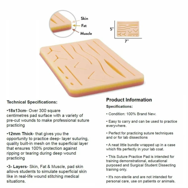 MJW Surgical 14 Wounds Silicone Suture Practice Pad White Suture Practice Kit for medical training